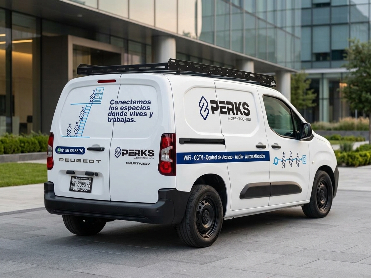 Unidad de servicio PERKS frente a un edificio corporativo